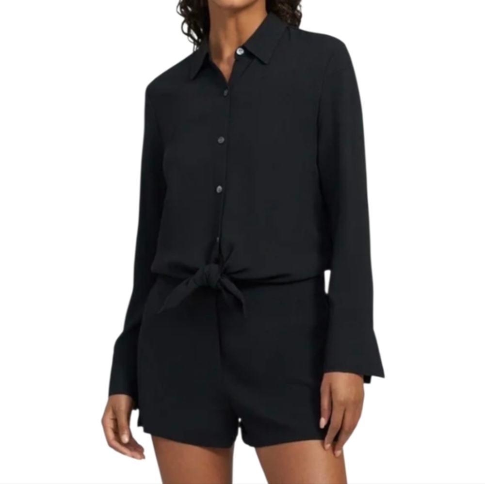 Theory Jumpsuit Black Collared Button Front Long Sleeve Ranay Romper Size 12 New